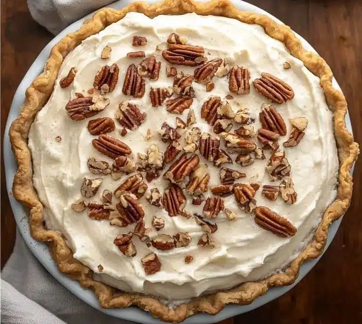 Irresistibly creamy pecan cream pie with a flaky crust and topped with pecans