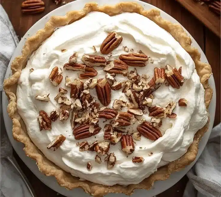 Irresistibly creamy pecan cream pie on a plate for Thanksgiving dessert