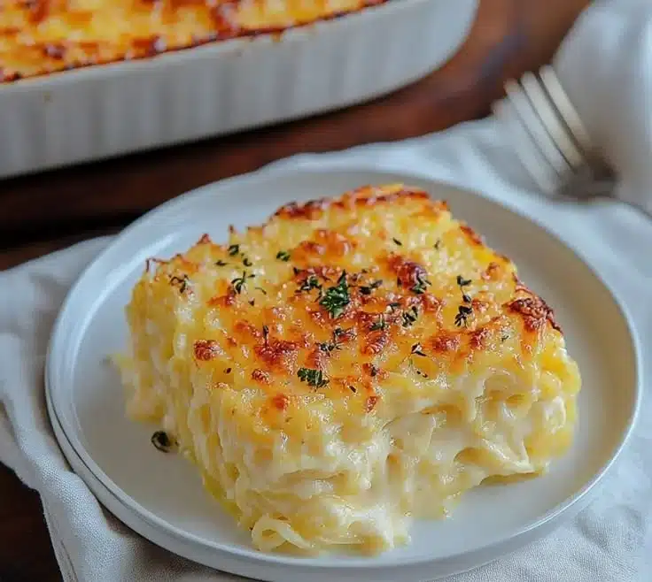 Creamy spaghetti squash au gratin dish topped with cheese and herbs