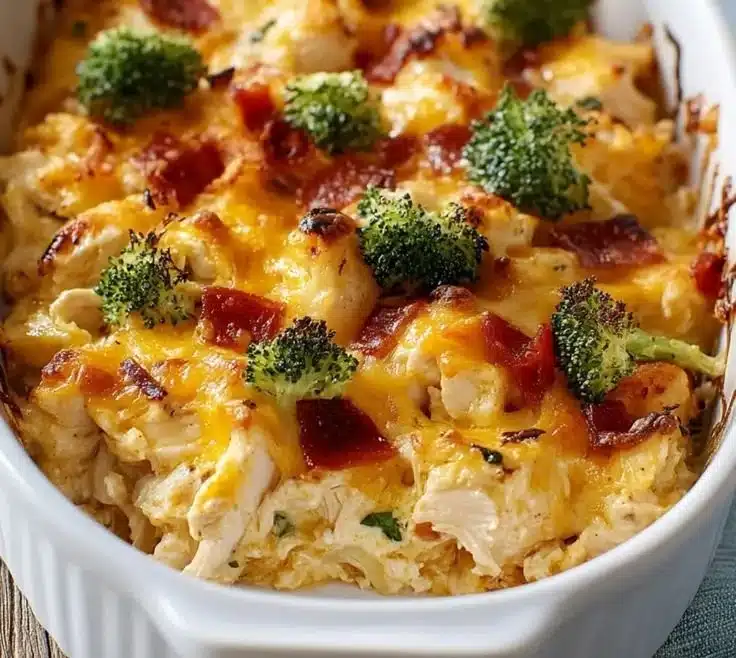 Delicious low carb chicken casserole served on a family dinner table