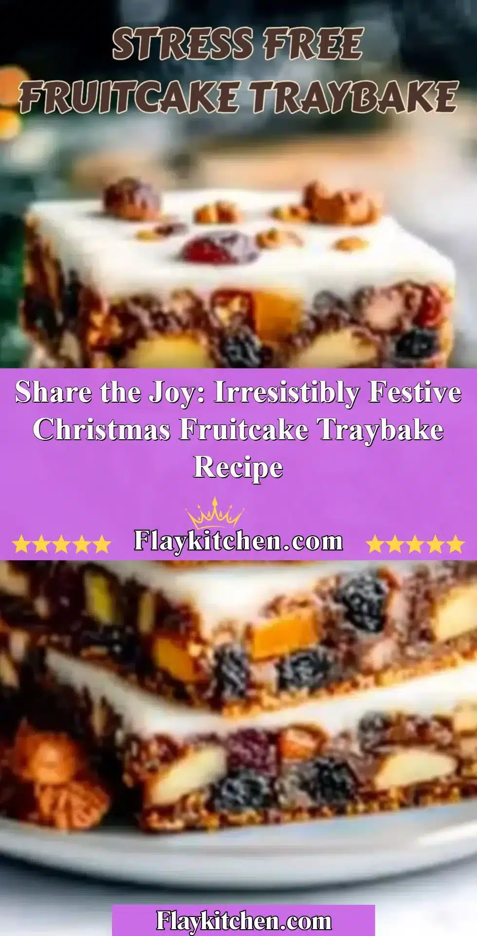 Festive Christmas fruitcake traybake decorated for the holiday season
