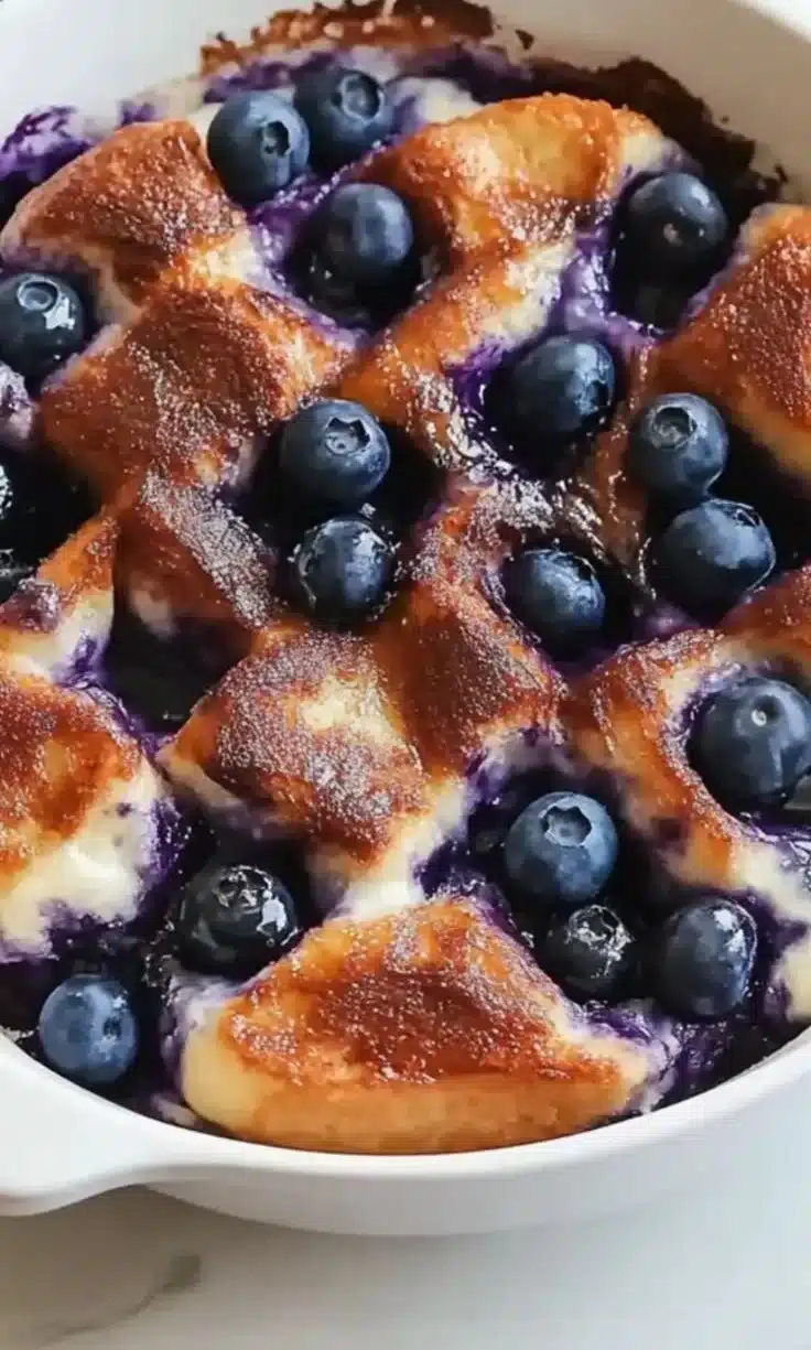 Irresistibly gooey overnight blueberry French toast casserole topped with fresh blueberries