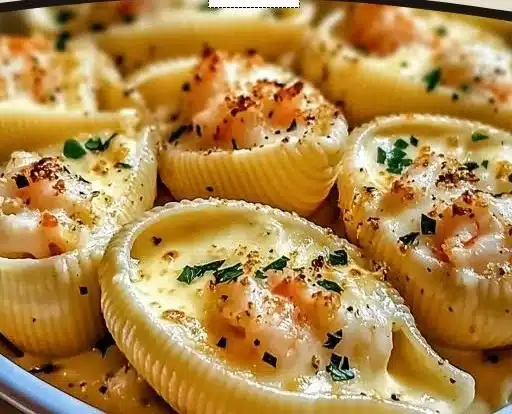 Plate of creamy seafood stuffed shells garnished with herbs