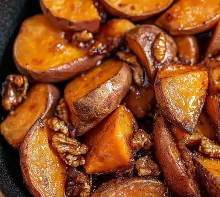 Bowl of walnut maple roasted sweet potatoes garnished with walnuts and maple syrup