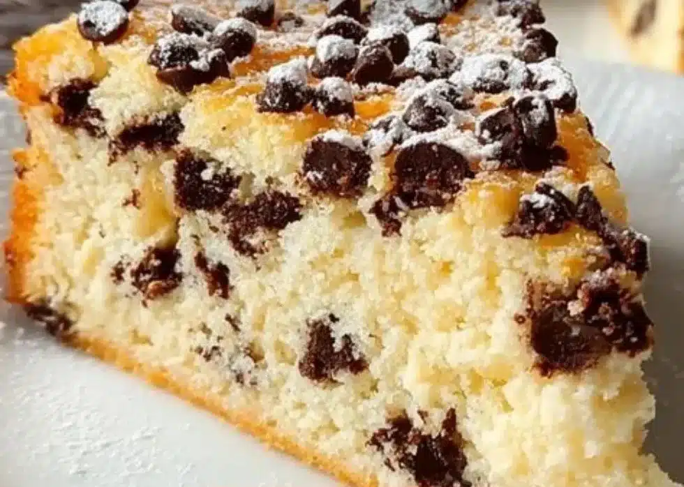 Slice of Italian chocolate chip ricotta cake on a white plate