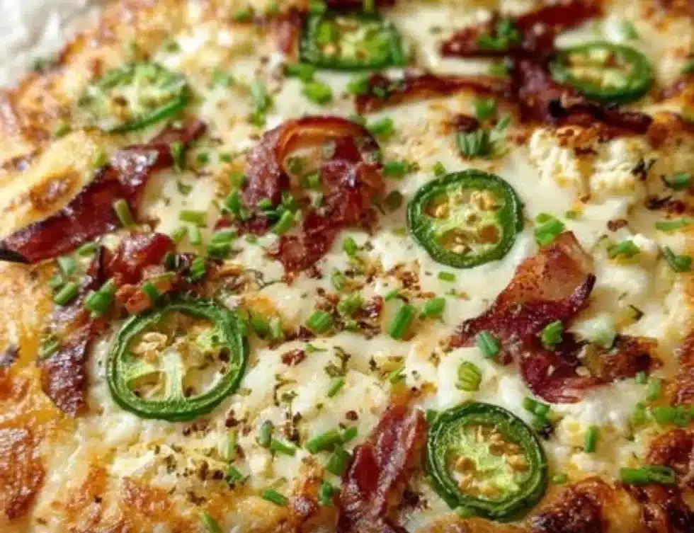 Delicious jalapeño popper pizza topped with cheese and jalapeños