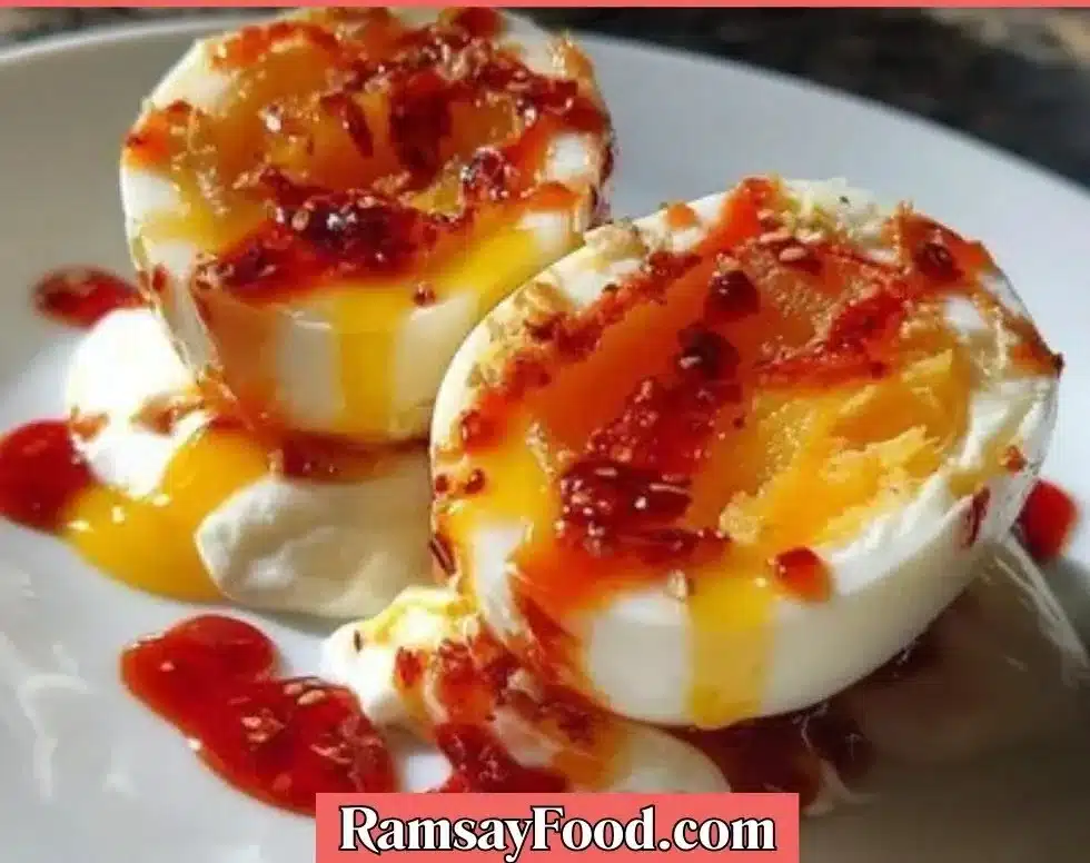 Jammy eggs served with chili butter and garlic yogurt on a plate