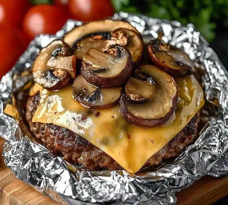 Juicy mushroom and Swiss burger foil packet ready to grill