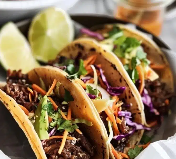 Korean beef bulgogi tacos topped with quick kimchi slaw on a wooden table