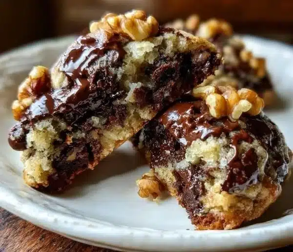 Delicious leaven chocolate walnut cookies with melted chocolate and walnuts.