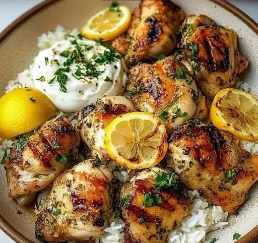 Delicious Lebanese Lemon Garlic Chicken served with fresh herbs