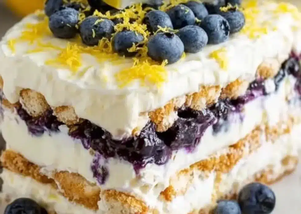 Delicious Lemon Blueberry Icebox Cake with fresh blueberries and lemon slices.