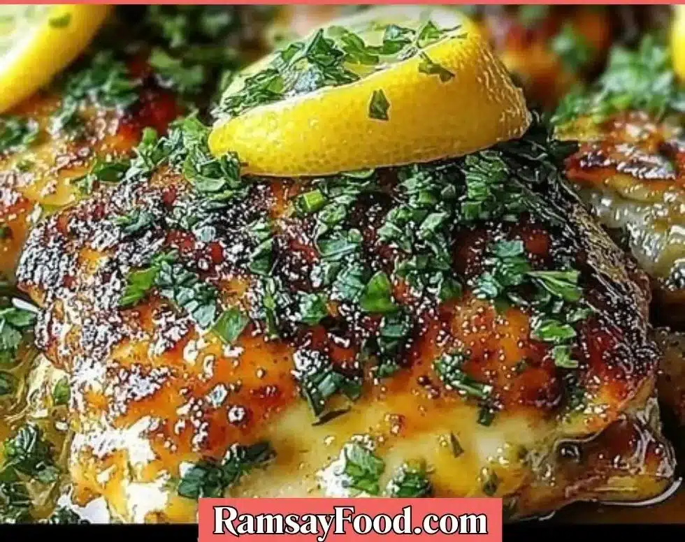 Lemon Butter Chicken Thighs garnished with fresh herbs on a plate