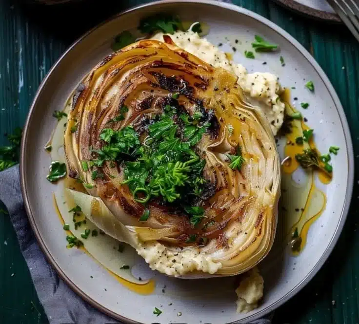 Lemon Charred Cabbage served with a smooth white bean purée on a plate.