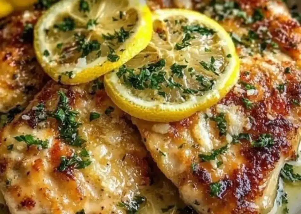 Delicious Lemon Chicken Romano served with fresh herbs and lemon slices.