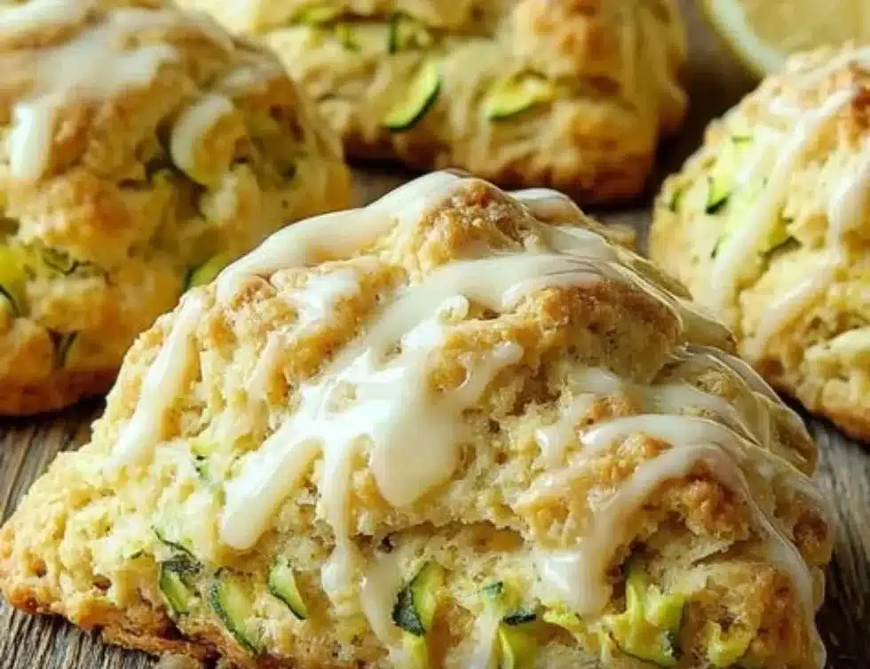 Freshly baked Lemon Zucchini Scones on a wooden serving board