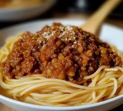 A hearty bowl of Lentil Bolognese topped with fresh herbs and served with pasta
