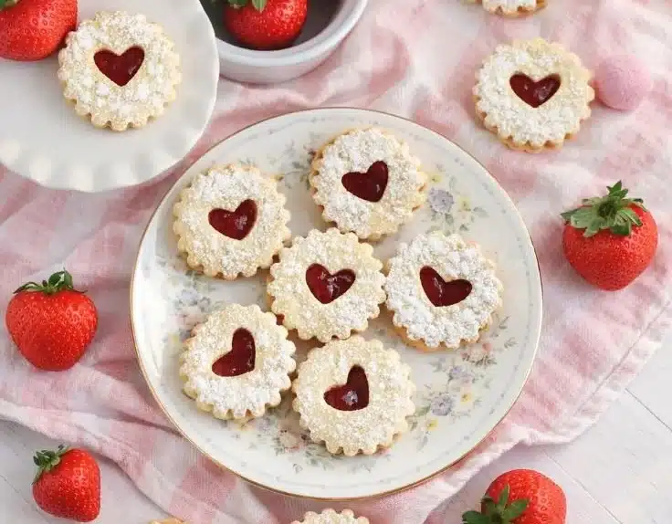 Delicious Linzer Cookies with raspberry jam filling and almond flour crust.