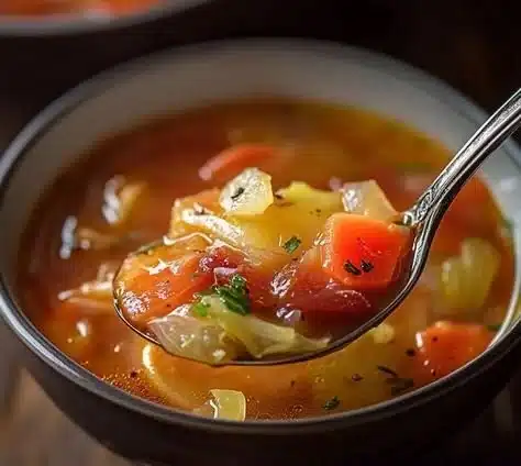 Low calorie cabbage soup in a bowl, garnished with herbs and spices.