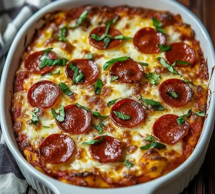 Low carb pizza casserole topped with cheese and pepperoni in a baking dish.