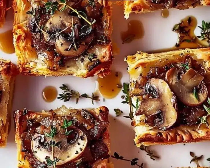 Luxe mushroom puff squares topped with thyme, a savory vegetarian appetizer.