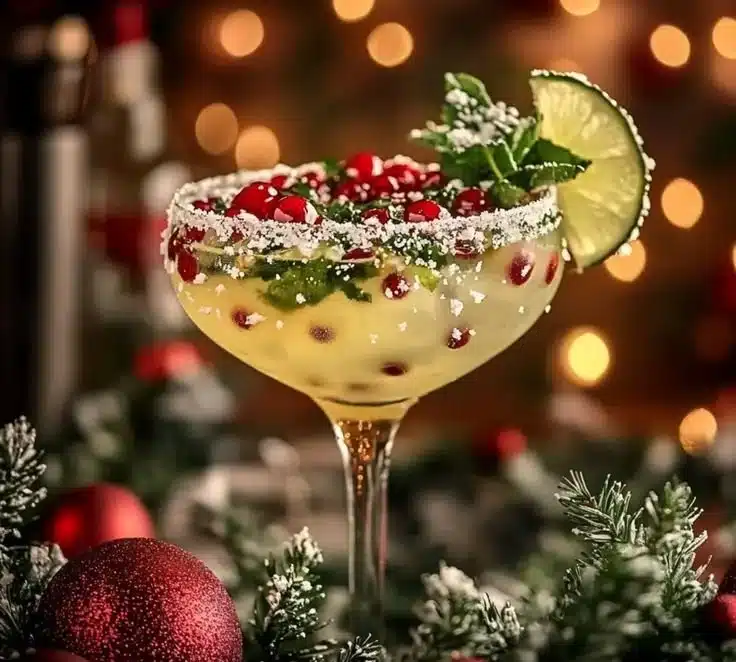 Festive Christmas Mistletoe Margarita served in a holiday-themed glass