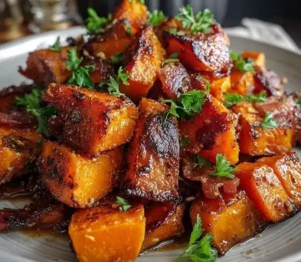 Maple glazed sweet potatoes topped with crispy bacon on a serving plate.