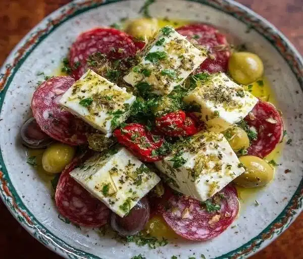 Delicious marinated cheese appetizer with salami and green olives