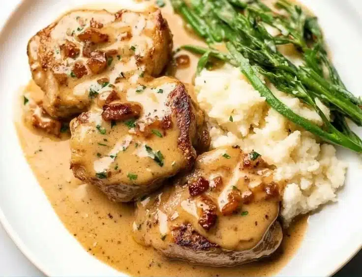 Delicious Marry Me Pork Tenderloin plated with herbs and spices.