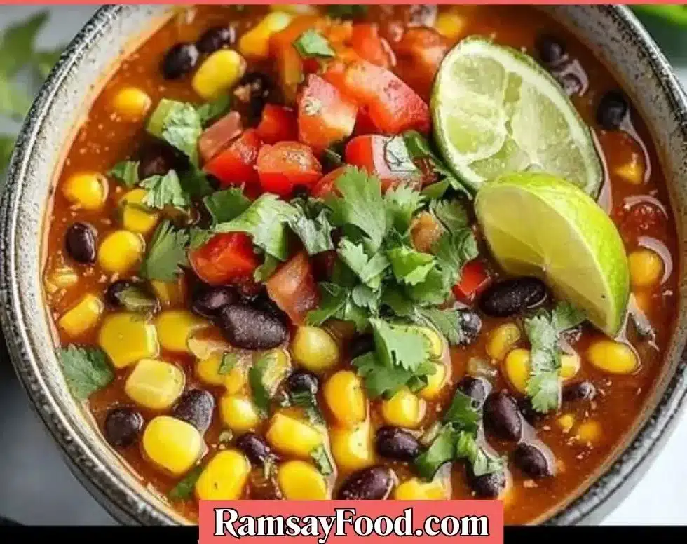 A bowl of vibrant meatless taco soup topped with fresh ingredients.