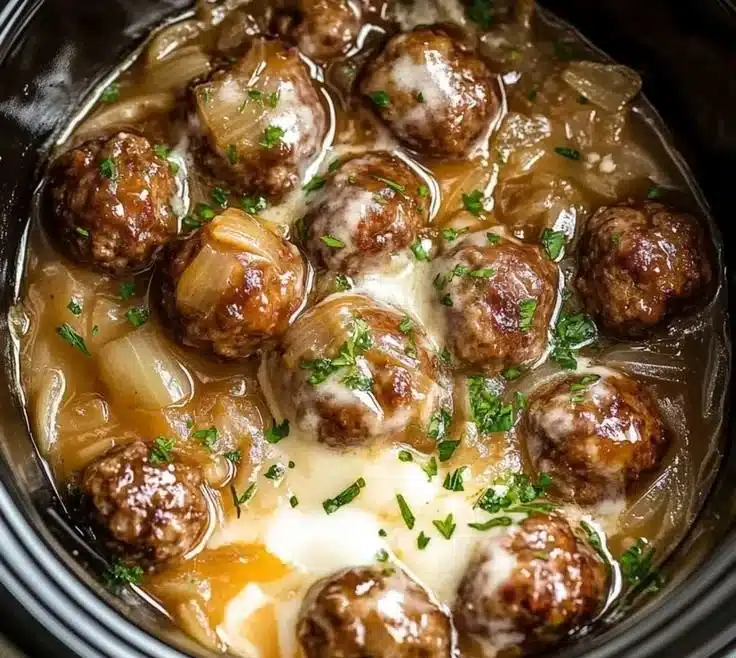 Crock Pot French onion meatballs served with melted cheese and herbs