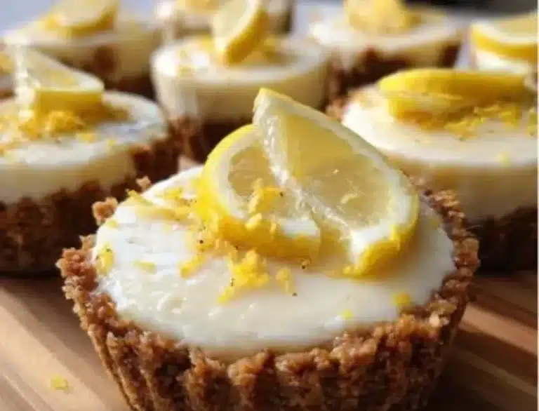 Mini no bake lemon cheesecake tarts topped with lemon zest and fresh berries