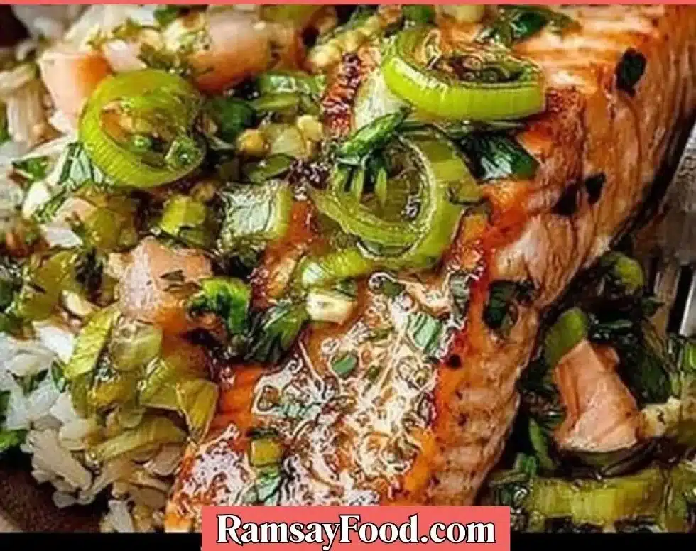 Plate of miso butter salmon garnished with herbs and vegetables
