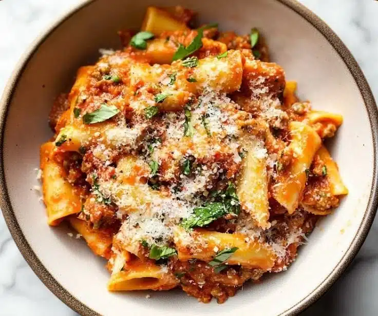 Delicious plate of baked Mostaccioli pasta topped with cheese and herbs.