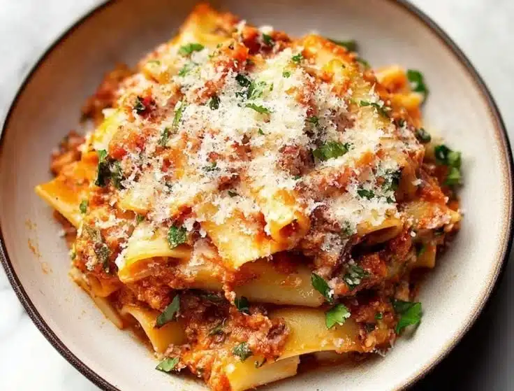 Plate of mostaccioli pasta served with marinara sauce and cheese
