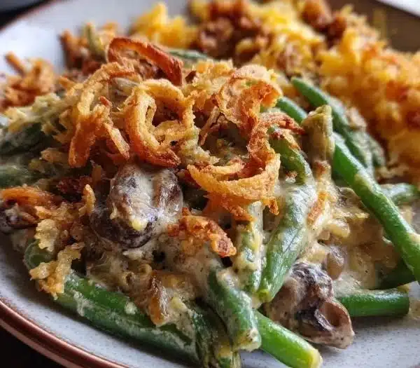 Delicious mouthwatering green bean casserole served in a dish