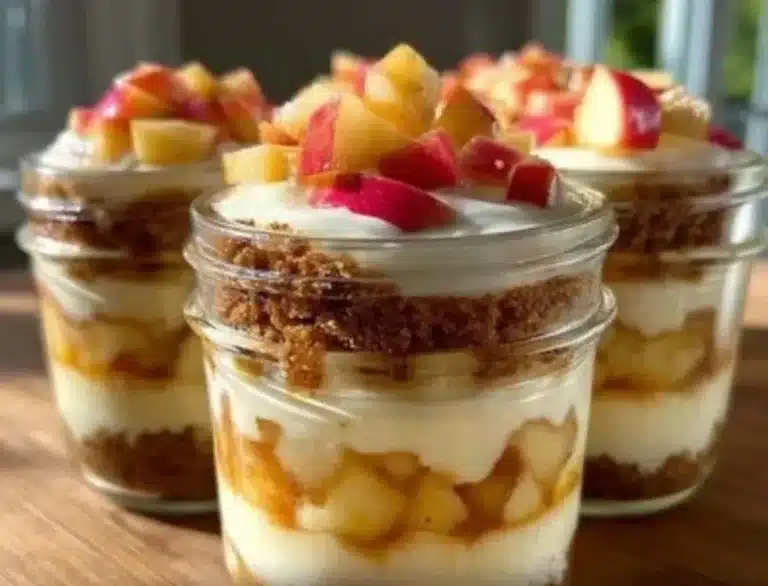 No bake apple cheesecake jars topped with fresh apple slices and caramel drizzle