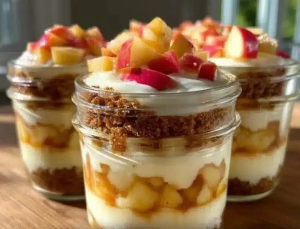 No bake apple cheesecake jars topped with fresh apple slices and caramel drizzle