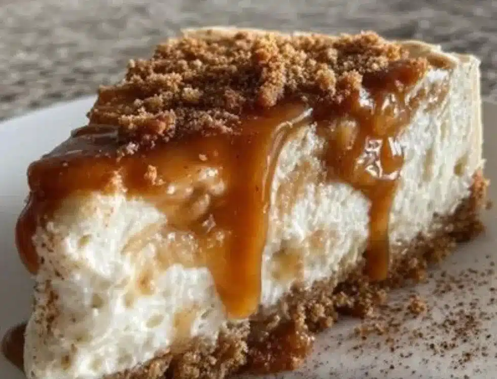 No Bake Apple Pie Cheesecake with a graham cracker crust and apple topping