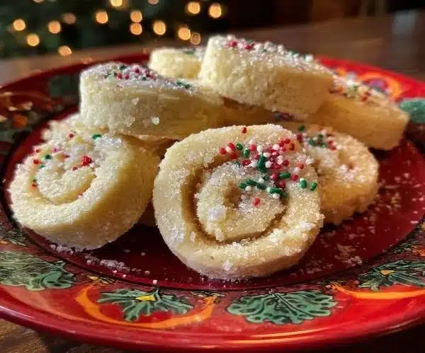 Baked old fashioned rolled sugar cookies on a decorative plate