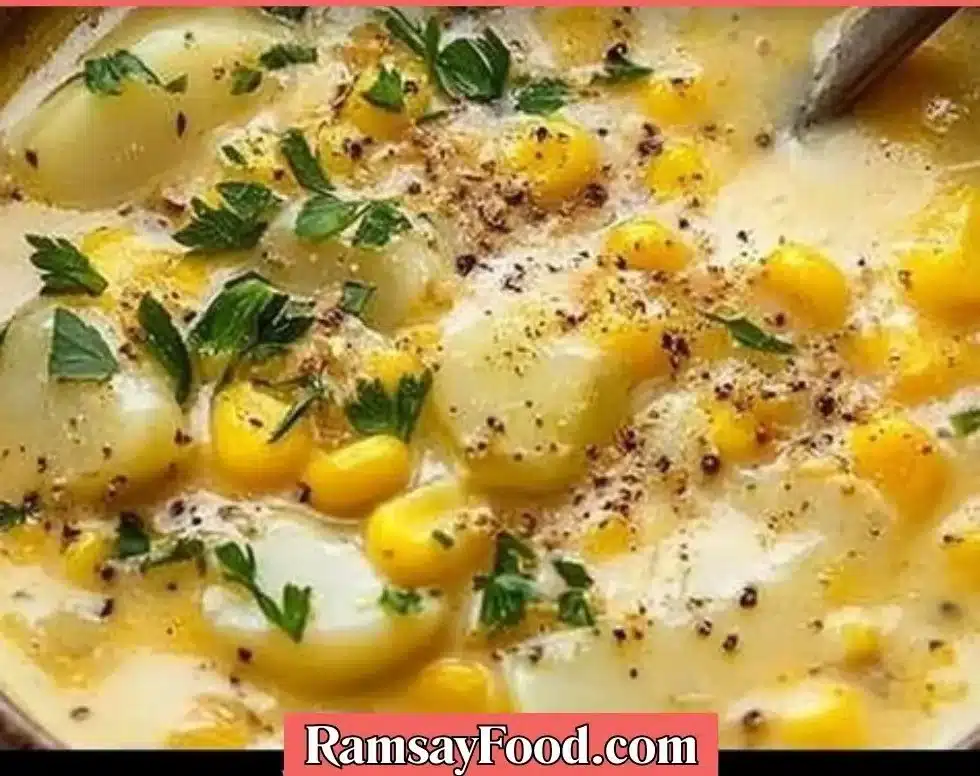Bowl of creamy corn potato chowder garnished with herbs