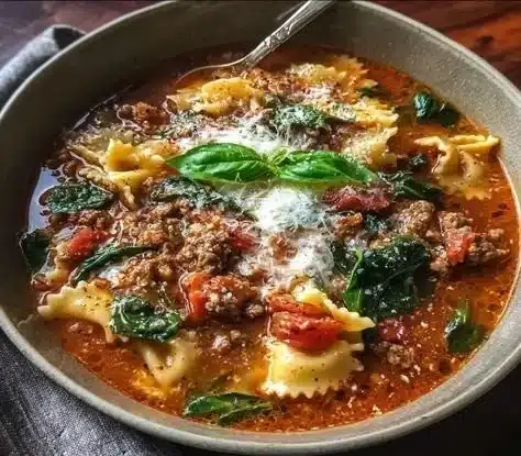 Delicious One-Pot Lasagna Soup garnished with herbs in a bowl.