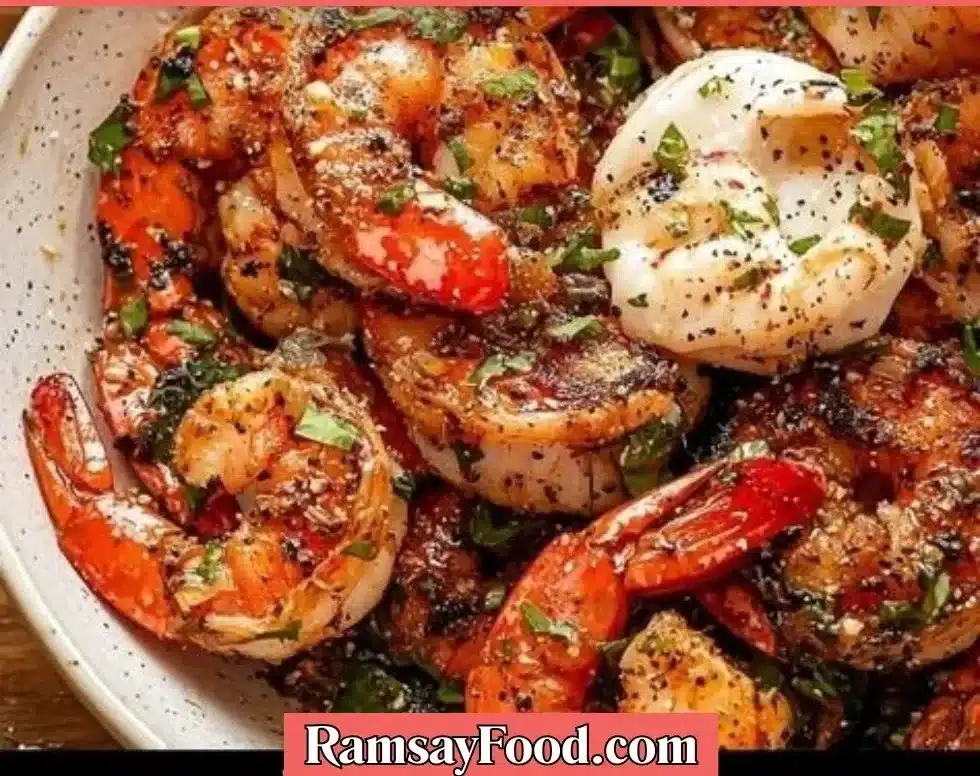 Delicious pan-seared shrimp served on a plate with herbs and lemon