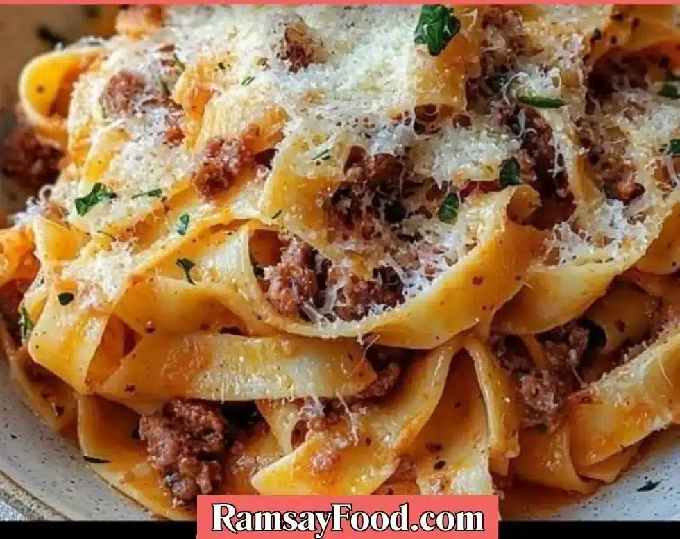 Pappardelle served with Calabrian chili sauce and sausage in a bowl
