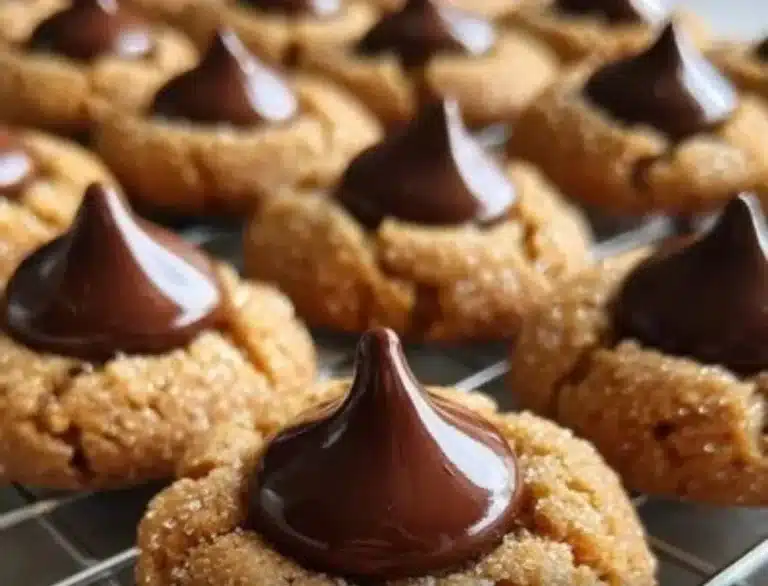 Delicious Peanut Butter Blossoms cookies topped with chocolate kisses