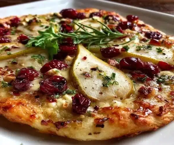 Pear, Brie, and Cranberry flatbread topped with fresh ingredients
