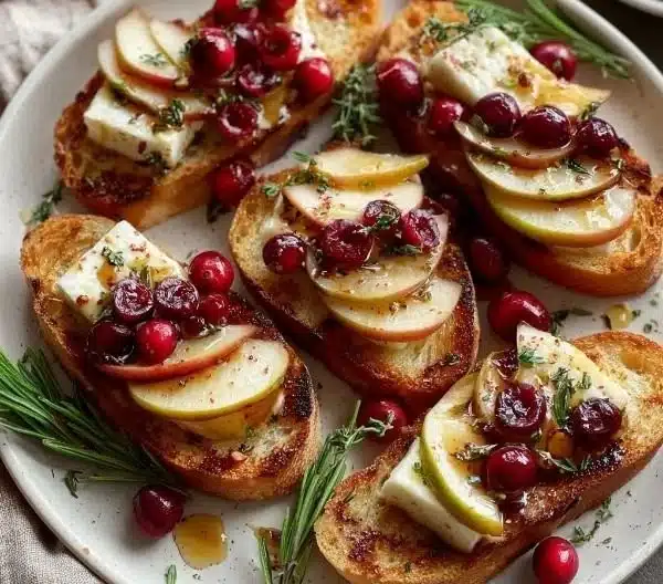 Pear Brie Cranberry Crostini appetizer with fresh ingredients