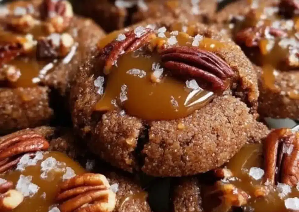 Delicious pecan caramel thumbprint cookies arranged on a plate.