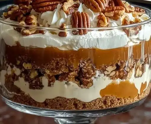 Delicious Pecan Pie Cheesecake Trifle with layers of creamy cheesecake and pecans