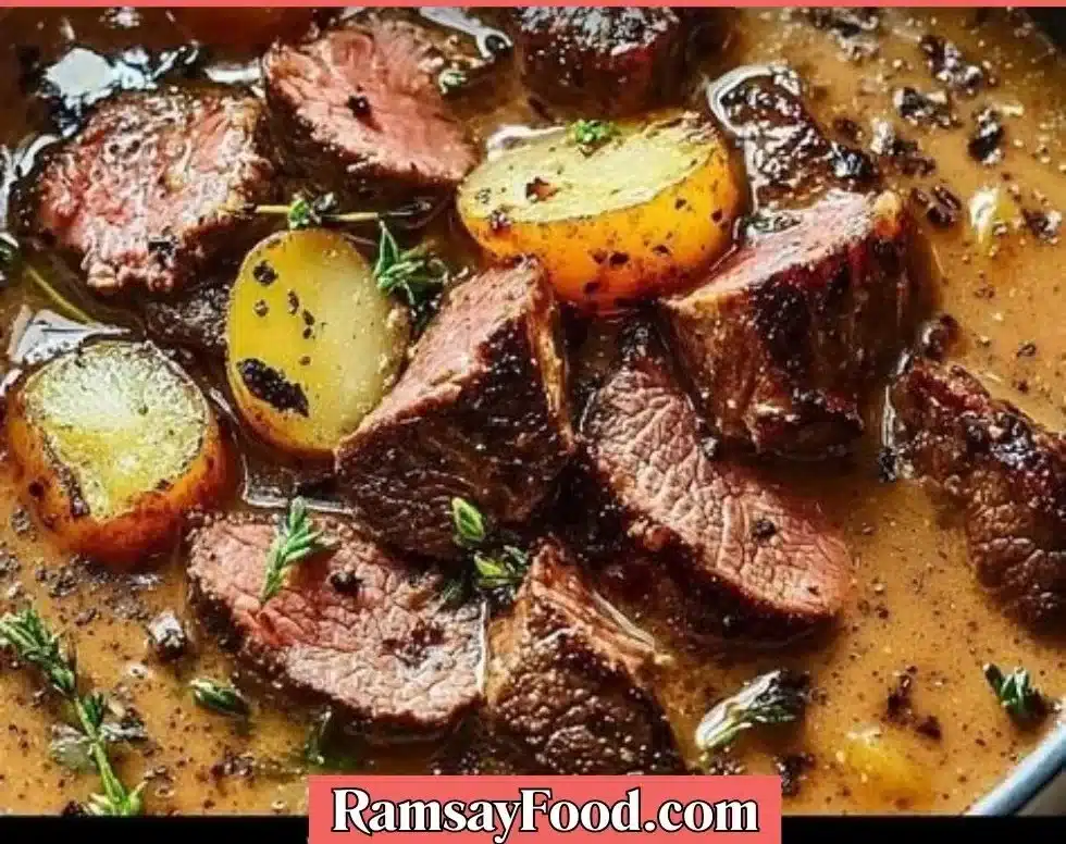 Bowl of spicy pepper steak soup topped with fresh herbs